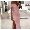 Ladies Party Sequined One-neck Split Dress Summer New Casual Sleeveless V-neck Sexy Elegant Long Skirt