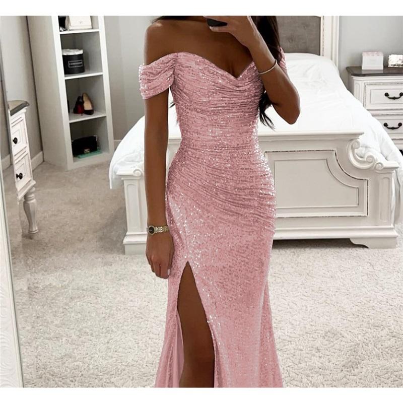Ladies Party Sequined One-neck Split Dress Summer New Casual Sleeveless V-neck Sexy Elegant Long Skirt