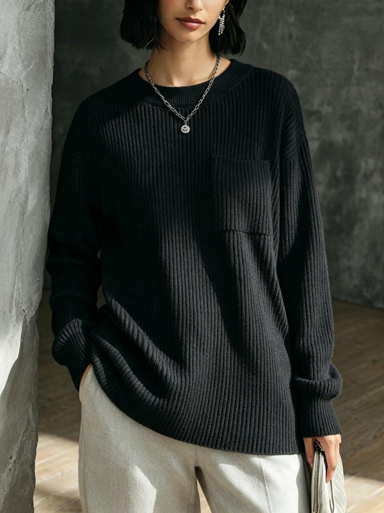 Ladies Long Sleeve Round Neck Knitted Sweater with Pocket Lazy Style Cotton Blend Comfortable Fit Autumn Winter Arrival