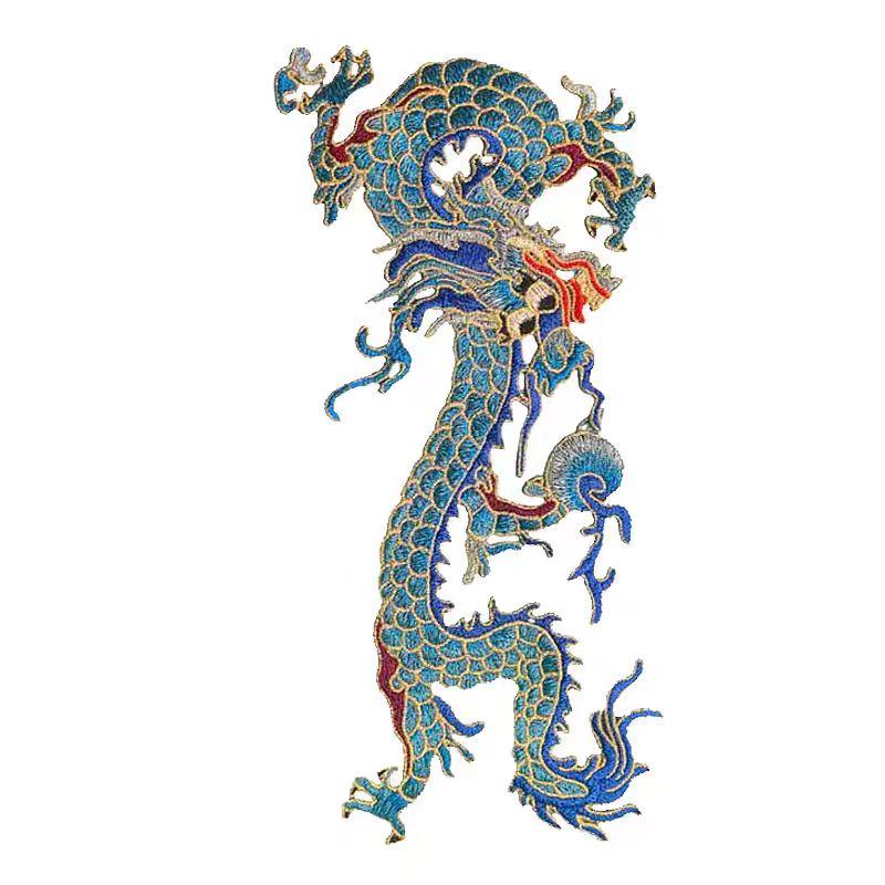 1Pc Blue Golden Chinese Style Large Dragon Sewing Embroidery Patches Clothing Applique Decoration Accessory