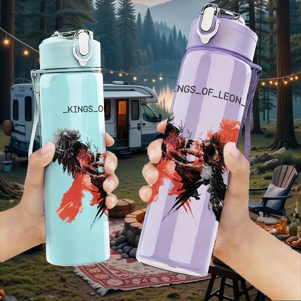 1PC Red winged creature band print 750ml colorful plastic sports water bottle leakproof pop up lid with straw for outdoor work home use