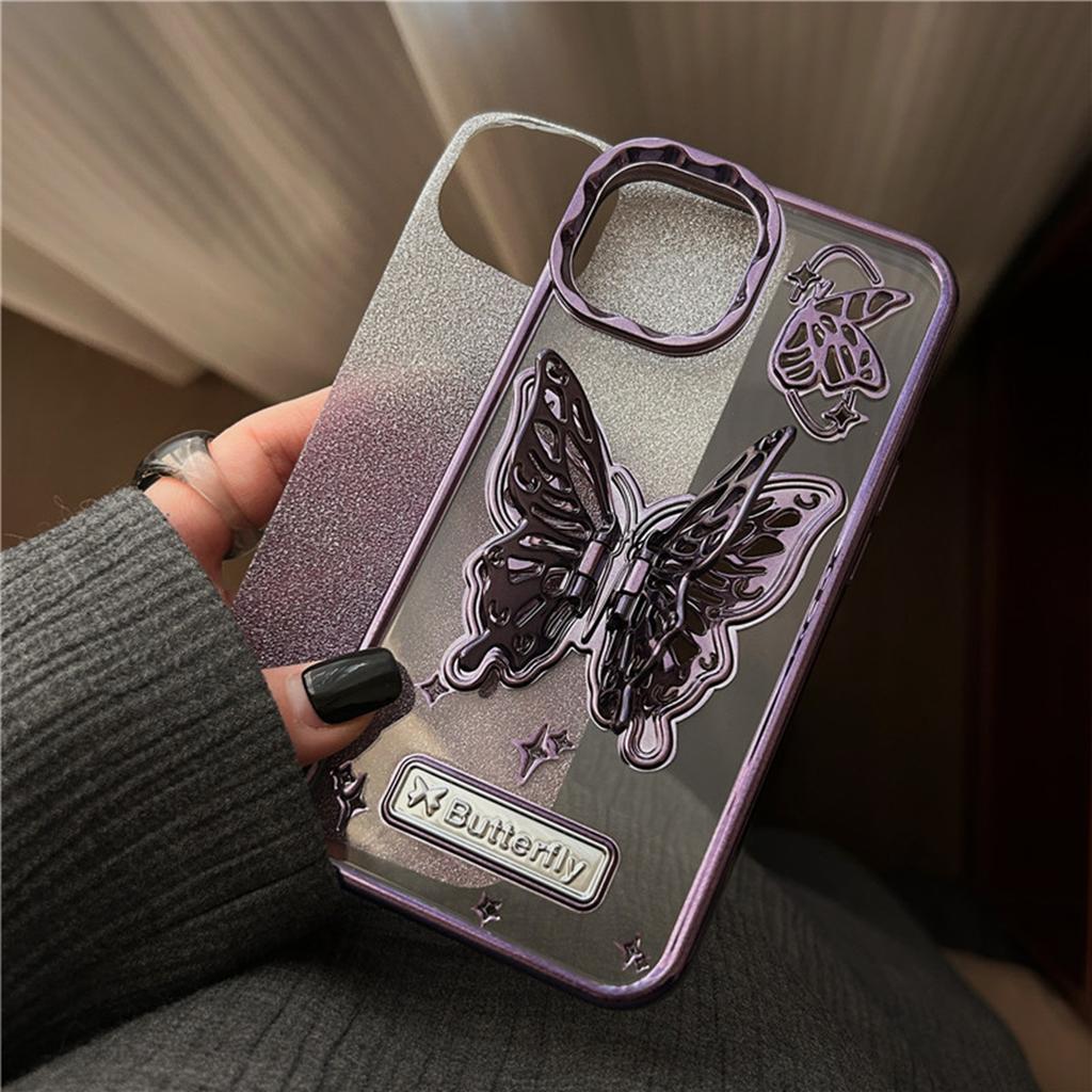 Luxury Plating 3D Butterfly Glitter Powder Phone Case for iPhone 15 14 13 12 11 Pro Max 15 Pro Stand Holder Soft TPU Case Cover