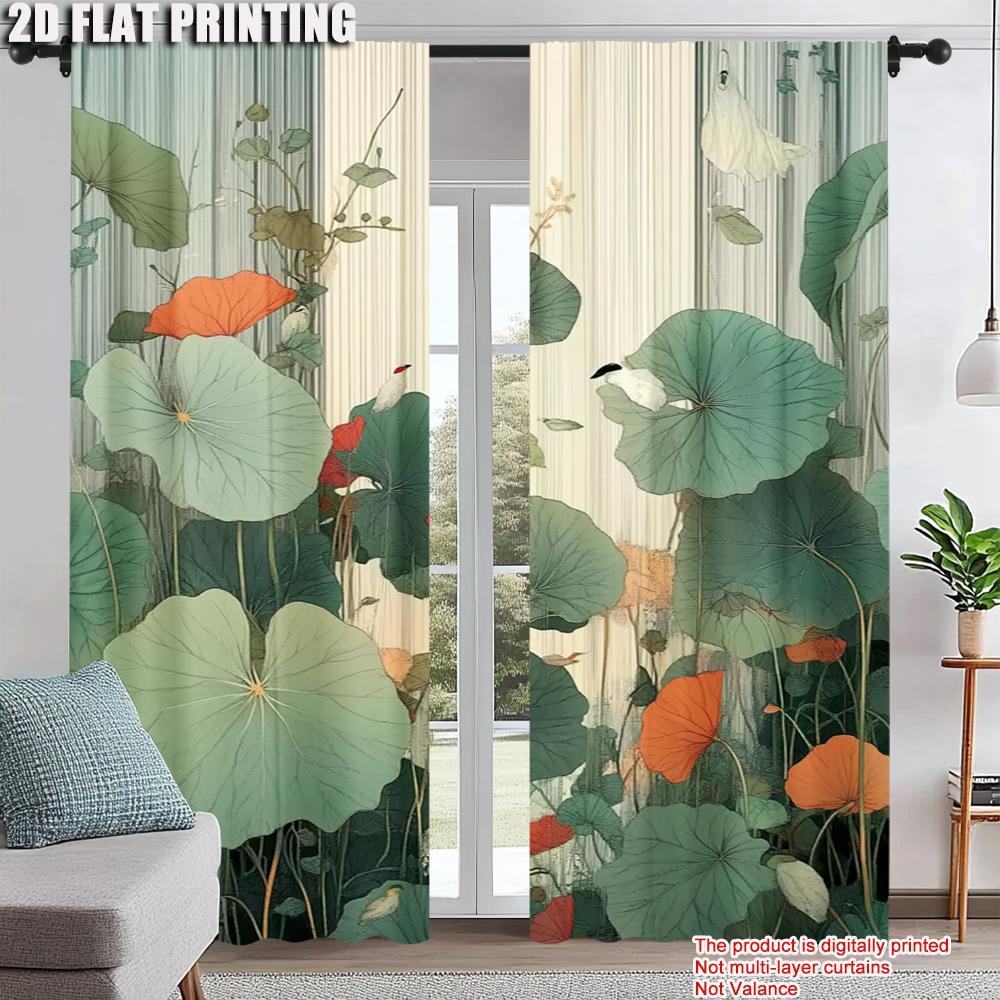 

2Pcs Floral Leaf Print Curtains Rod Hole Design Polyester Perfect For Living Room Bedroom Kitchen Elegant Home Decor 100*130 HOOK 1pcs