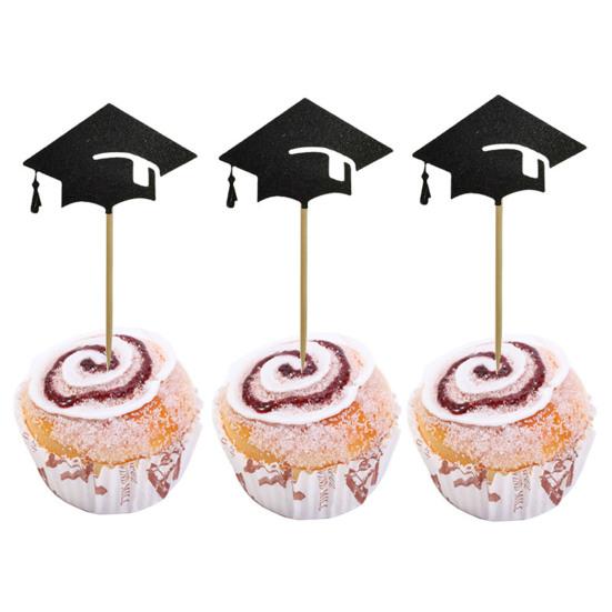 6 Pcs Graduation Cake Toppers Mini Grad Cap Cupcake Toppers Black Glitter Food