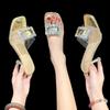 Square head rhinestone high heels sandals women's new slippers summer crystal sandals women's shoes
