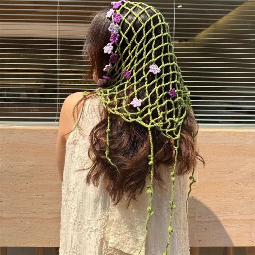 Floral Crochet Triangle Scarf Hip Scarf Mesh Headscarf New Flower Headscarf  Skirt Decor