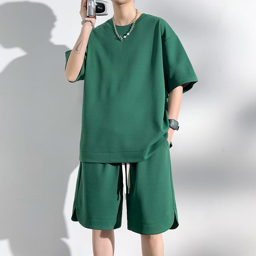 Sommer Kortarmet T-skjorte og Shorts Sett   Eksenfarget Treningsdresser Løse Oversized Herre Sett Fritids Sportsdrakt