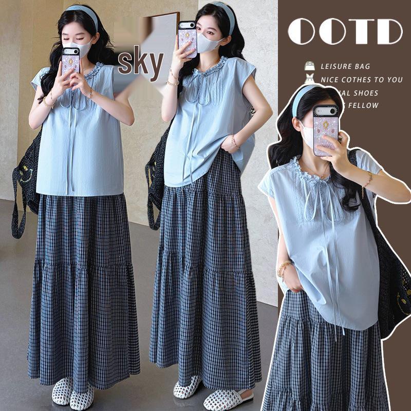 2026 Summer Maternity Sleeveless Shirt & Plaid Skirt Set 2XL