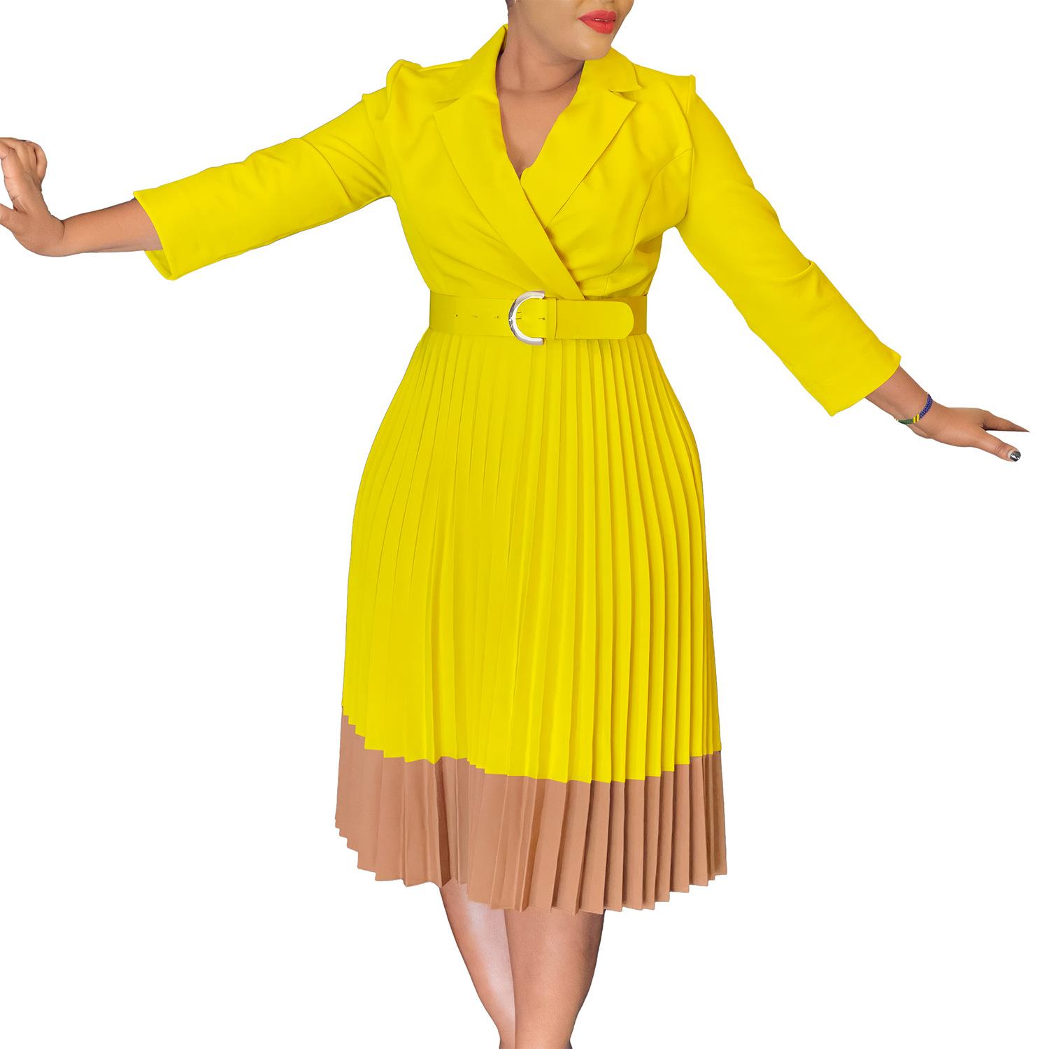 

Жіночий весняний костюм з коміром, модний кольоровий блок, елегантний тиск, складки з високою талією XXXL жовтий