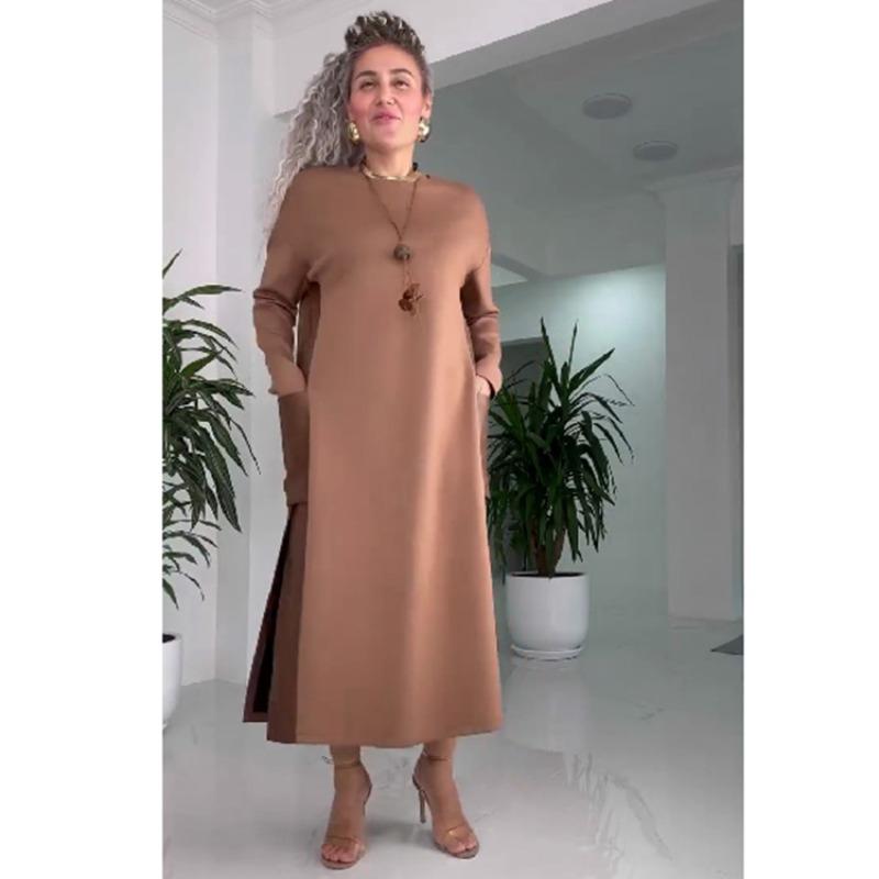 HNXC Women's Fashion Autumn Winter Solid Color Print Long Sleeve O-Neck Casual Dresses