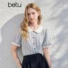 Betu Women's Striped Puff Sleeve Doll Collar Short Sleeve Shirt