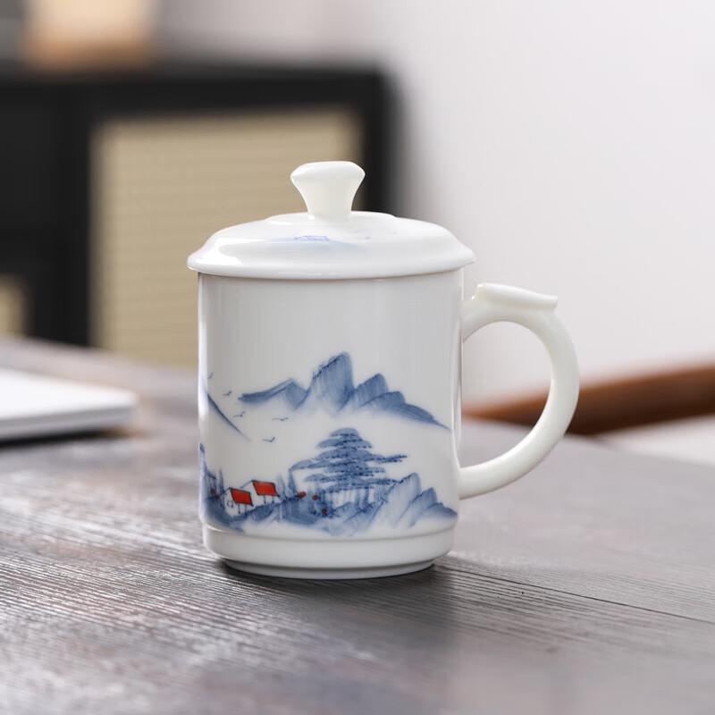 Sushi Hand-painted Mutton Fat Jade Ceramic Mug with Lid