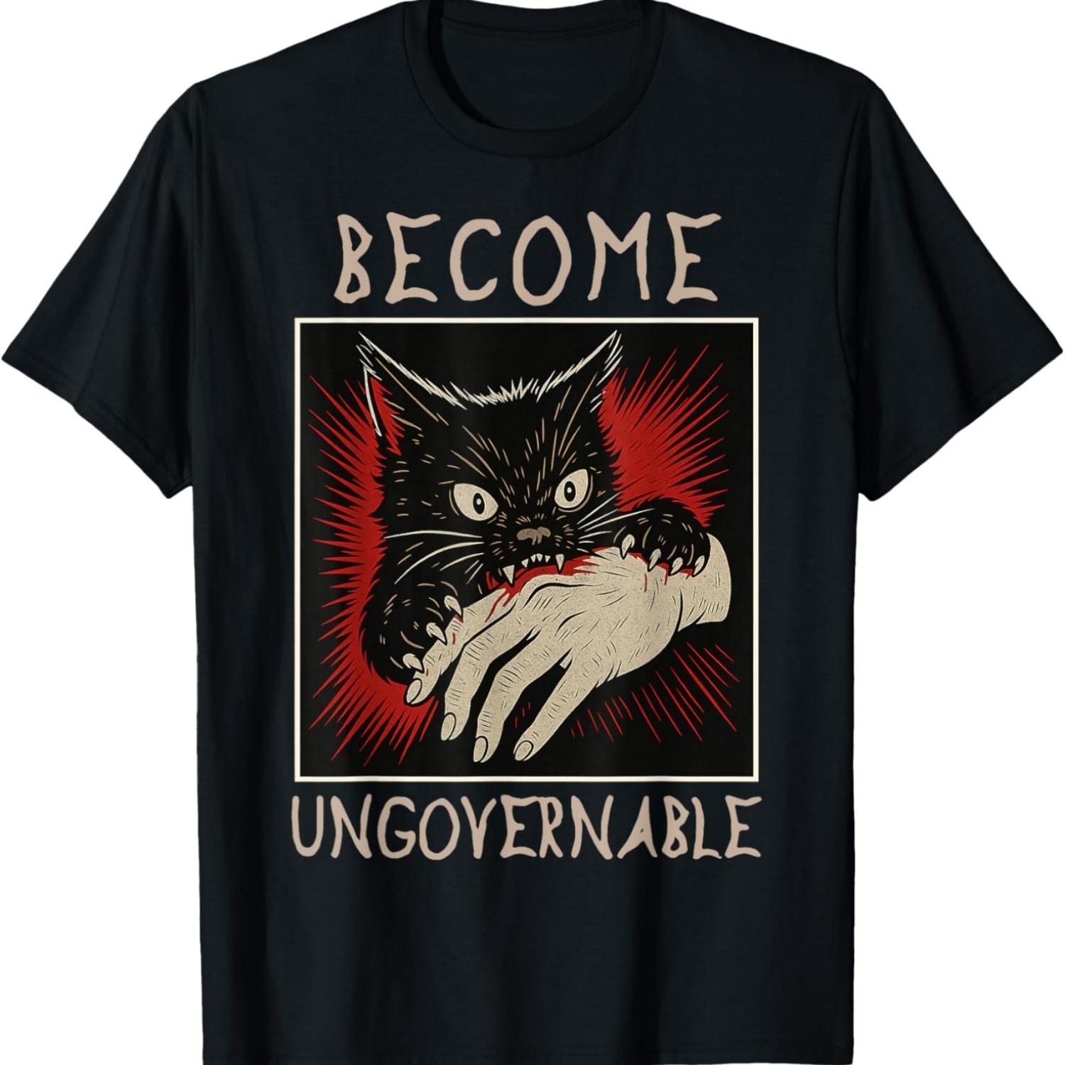 Become Ungovernable Cats Black Cat Biting Hand Funny Meme T-Shirt S чёрный