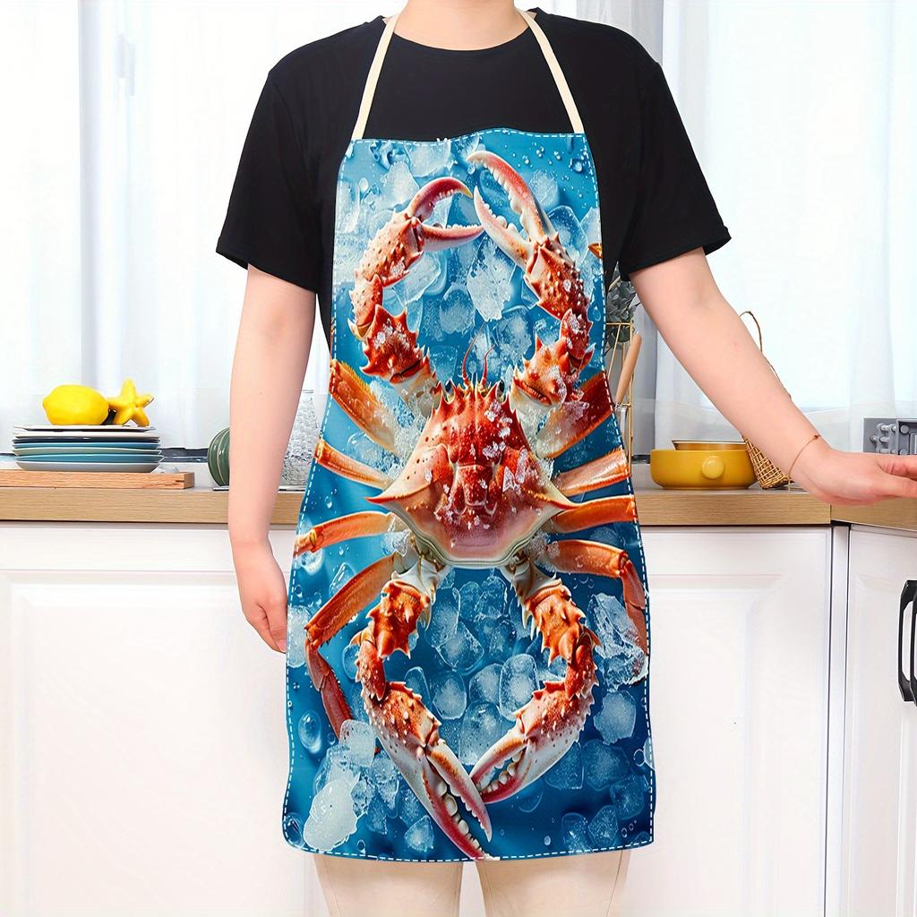 1pc Linen Apron Realistic Crab On Ice Seafood Lover Gift Kitchen Cooking BBQ Party Chef Accessory for Men Women