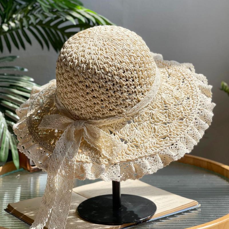 Handmade Women's Summer Hollow Straw Hat - Lace Strap Panama Bucket Hat, Foldable UV Protection, Suitable for Beach and Travel