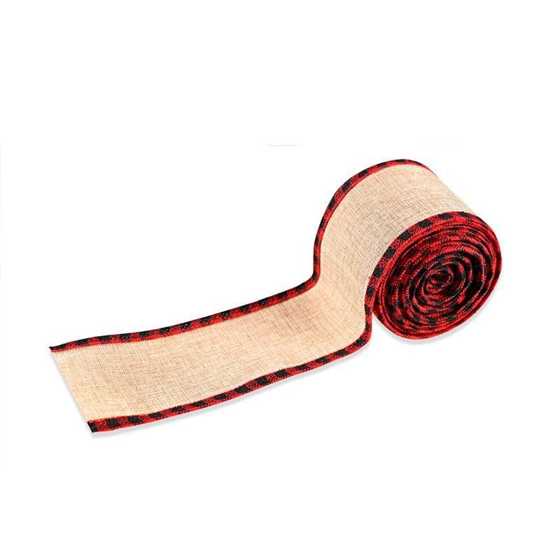 Christmas Holiday Gift Wrapping Ribbon With Red Black Plaid Faux Linen For Festive Decorations