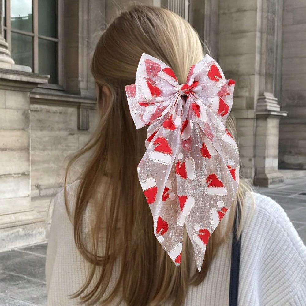 1pcs Christmas Tulle Bow Hair Clips Santa Hat Santa Claus Print Large Mesh Haipins for Women Girl Xmas Headwear Hair Accessories