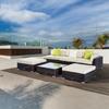 6 Pieces Rattan Garden Furniture Set, 5 Seater Garden Sofa Set with Thickened Cushions, Glass Top Coffee Table and Ottomans