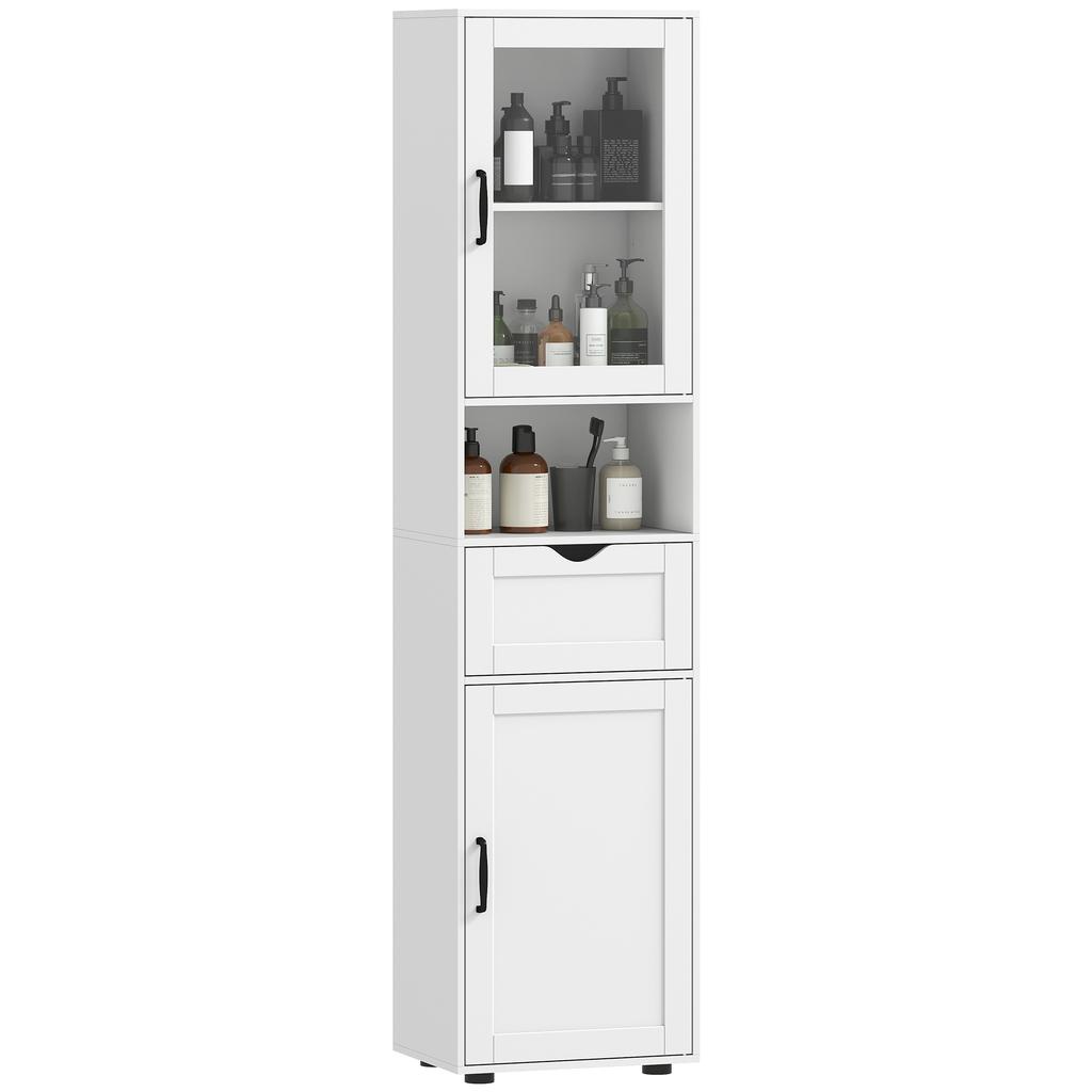 Narrow Bathroom Column with Glass Door Adjustable Shelves Drawer Open Shelf 40x30x165 Cm White
