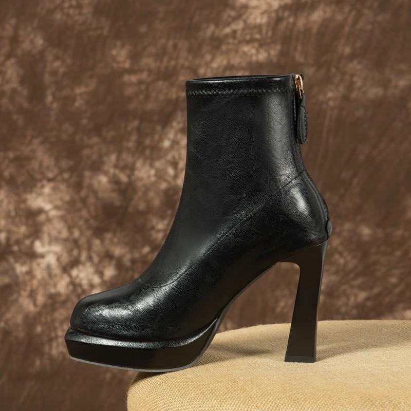 Fashion Square Heel Boots Autumn New Round Toe Spliced Rear Zipper Platform Anti-Slip Wear-Resistant High Heels