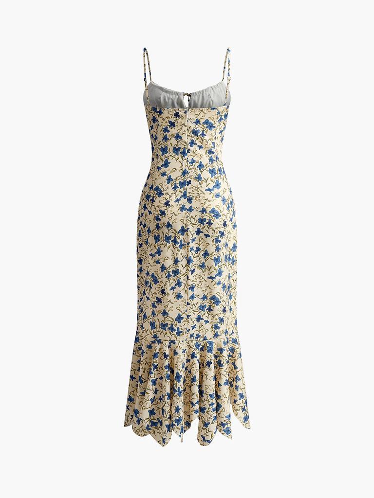 Europe and the United States Popular Internet Celebrity French Holiday Style Pure Desire Waist Slim Suspender Floral Fishtail Dress