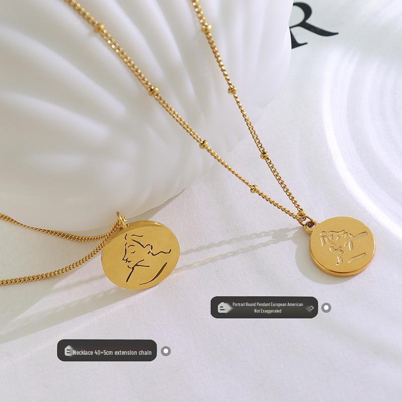 Korean Abstract Portrait Pendant Necklace - Gold Plated Titanium Steel