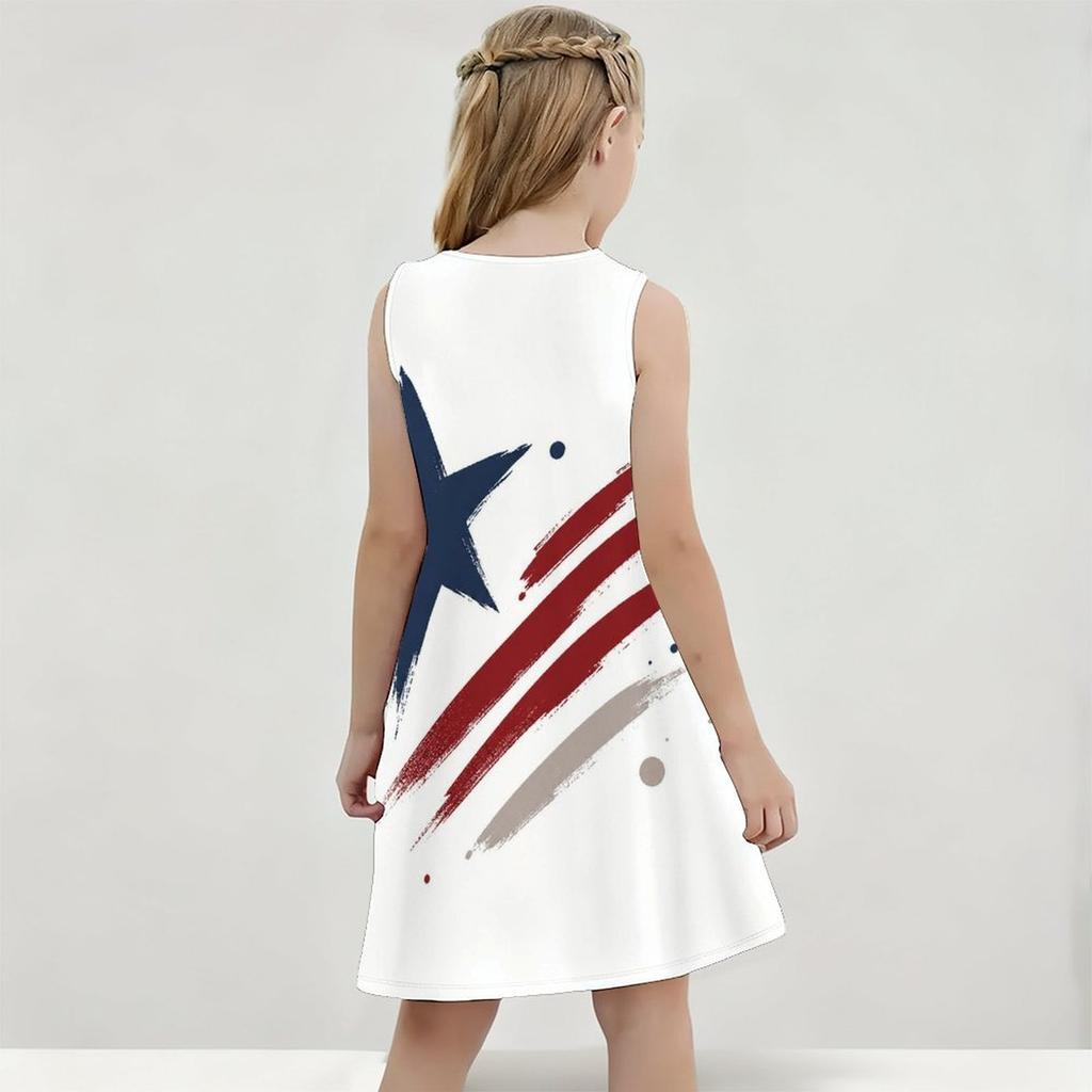 Girls White Round Neck Sleeveless Printed A Line Flared Dress Eagle Star Stripe Design