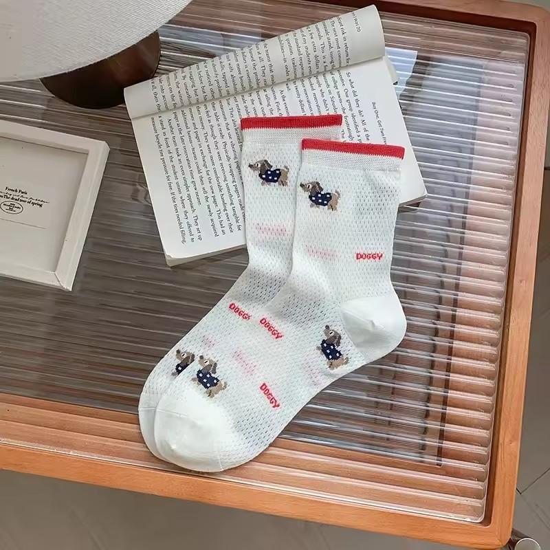 5 Pairs New Mid-Calf Breathable Thin Women's Socks Summer Mesh Polka Dot Dog Versatile Knee High Socks Comfortable Home Socks