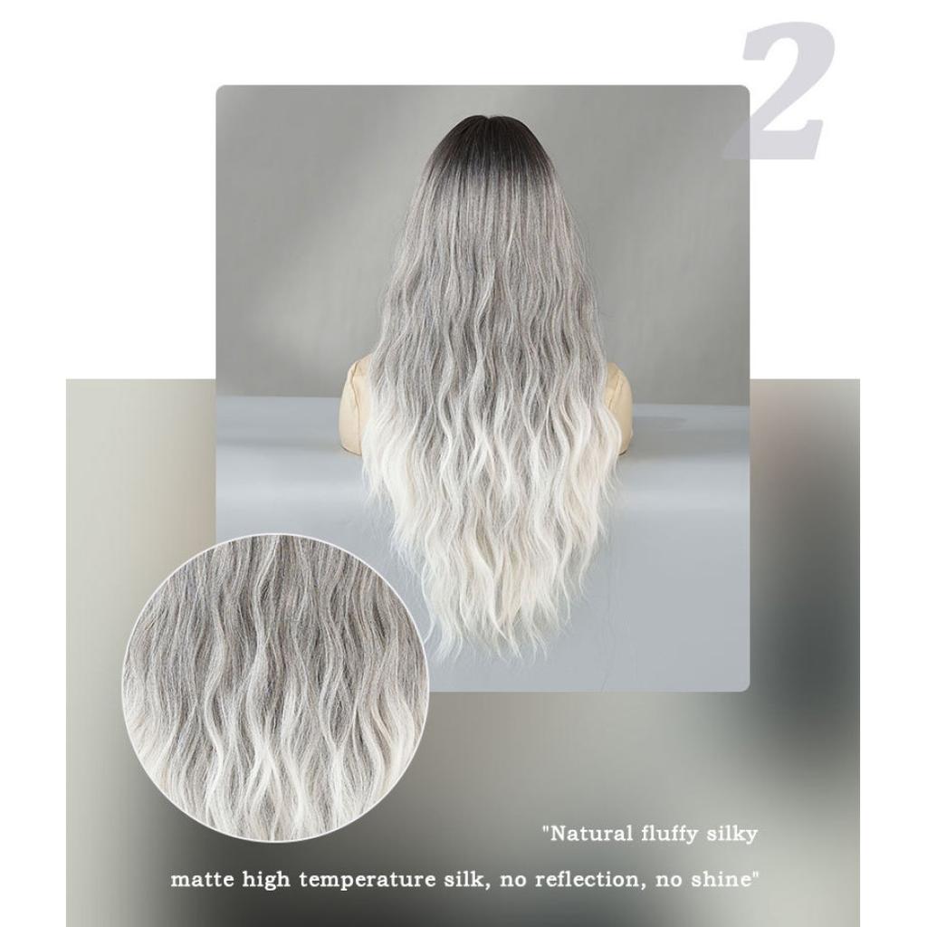 New Ladies Wig Simulation Wig 65cm Hair Gray Wig Big Wave Wig Full Headgear Rose Hair Net Headdress Beauty Decoration Wig