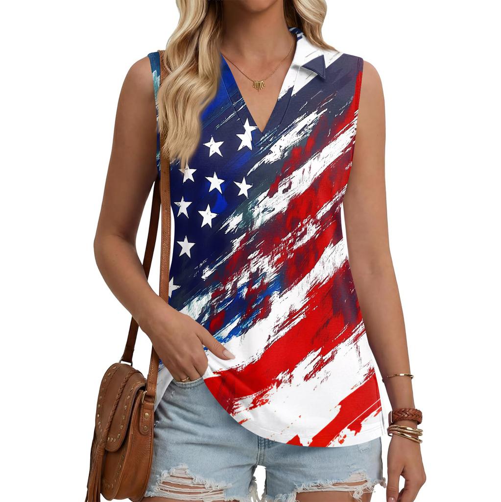 Women's Fashion Casual Button Sleeveless Independence Day Print V Neck Turn Down Collar Tank Top Summer Loose Fit Blouse
