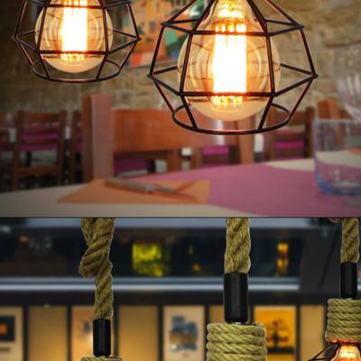Creative Retro Hemp Rope Pendant Lamp Restaurant Bedroom Rope Lights Living Room Corridor Morden Iron Bird Cage Hanging