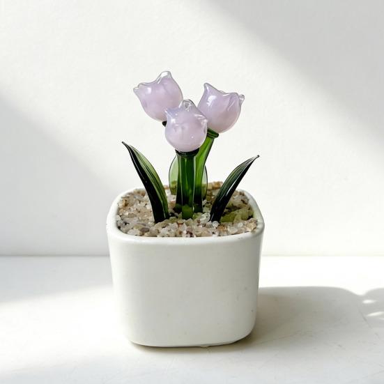 Mini Potted Glass Flower Decoration Miniature Tulip Flower Planter Pot Figurine Statue Home Office Bookshelf Desktop Ornament