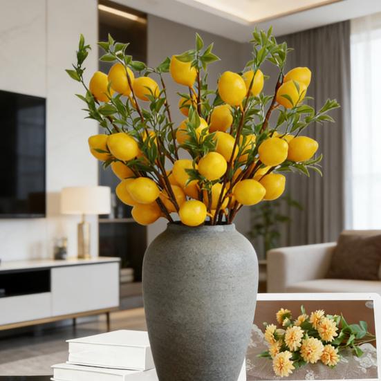 Artificial Lemon Branch with Green Leaves Fake Fruit Lemon Tree Decoration Lifelike Faux Greenery Stems for Home Dining Table Kitchen Decor