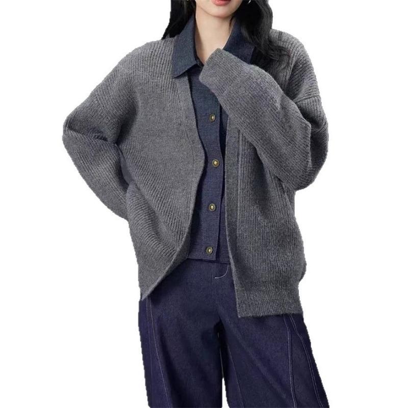Premium Sense Loose Casual Fake Two-piece Denim Splicing Knitted Cardigan Women's Clothing Autumn and Winter New Sweater Jacket