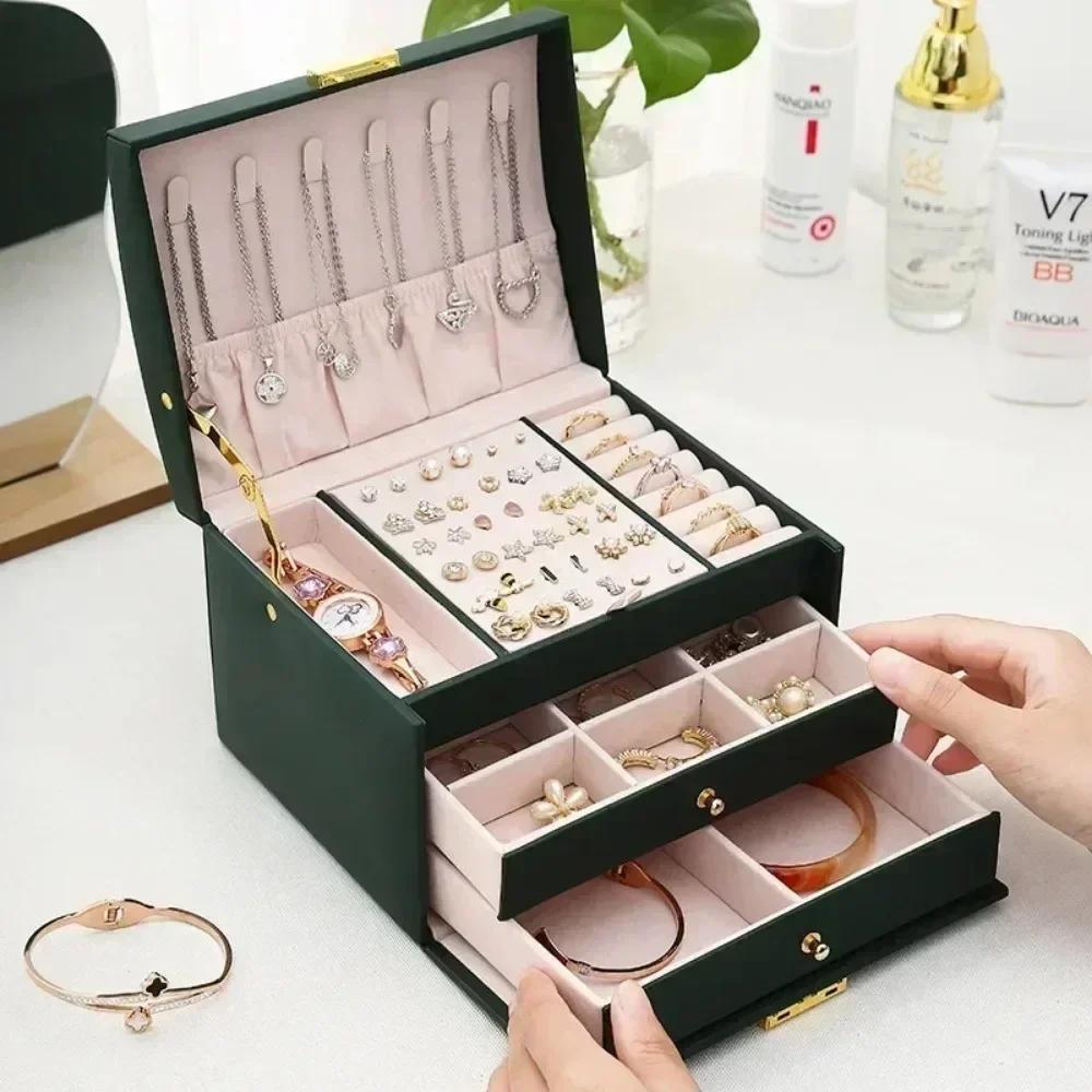 Three Drawer Handheld Jewellery Box Earring Ring Necklace Storage PU Leather Jewellery Display Box With Security Key Lock Amagi