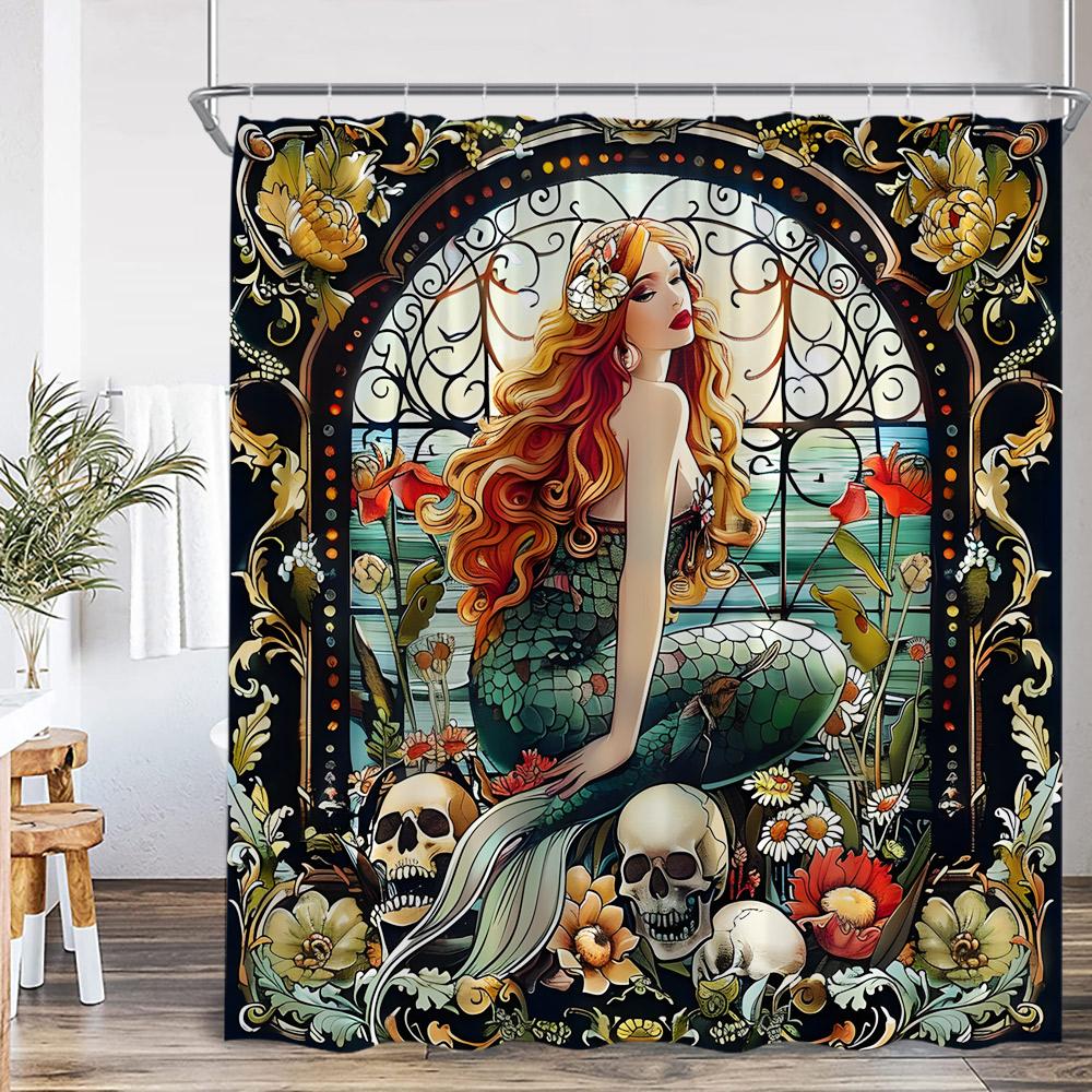 Mermaid Shower Curtain Beautiful Merpeople Scale Flower Beauty Vintage Bath Curtain Woman Girl Polyester Bath Curtain with Hook