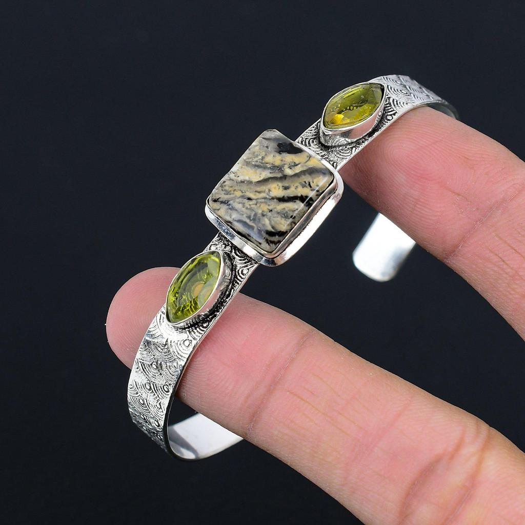 Wedding Gift For Her 925 Silver Natural Dendrite Tiger Bangle Adjustable