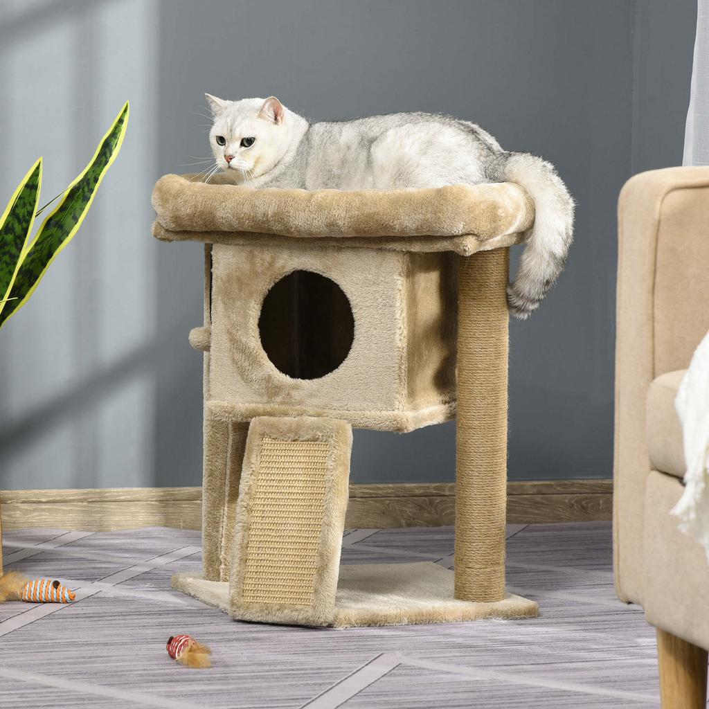 Plush Cat Tree with Cat House and Bed, Jute Scratching Post and Ball, Brown