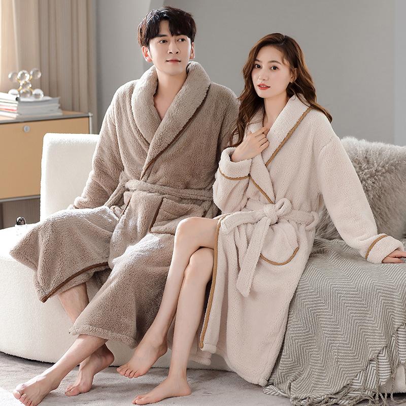 Coral Fleece Nightgown Men'S And Women'S Autumn And Winter Long Knee Bathrobe Large Size Flannel Fleece Thickened Couple Nightgown