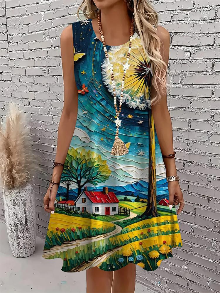 Lässiges Damen Tanktop-Kleid Sommer Ärmellos O-Ausschnitt 3D-Druck Locker A-Linien-Kleid Strand-Westenkleid
