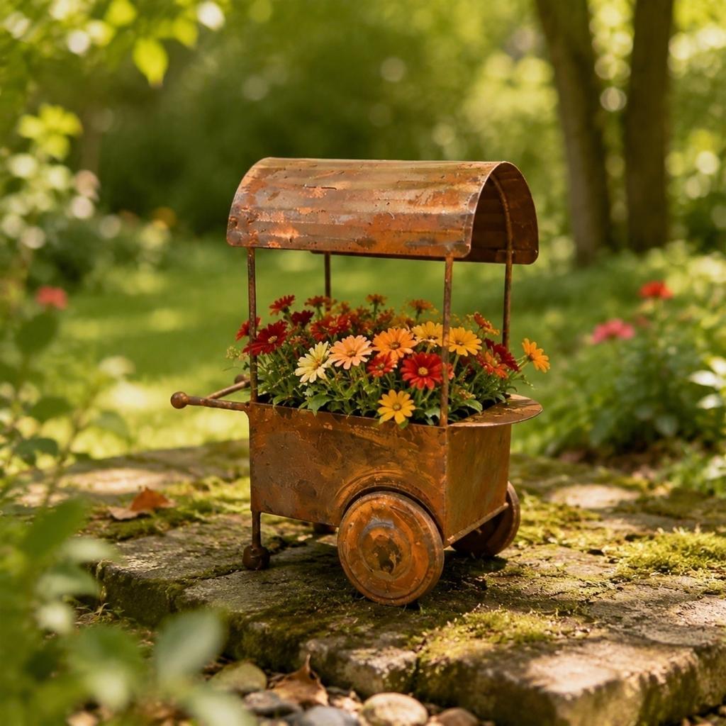 Rustikaler Metall-Gartenwagen Pflanzgefäß Outdoor Vintage Stil Eisen Blumenständer für Terrasse Hof Deck Dekoration mit Rädern und Griff