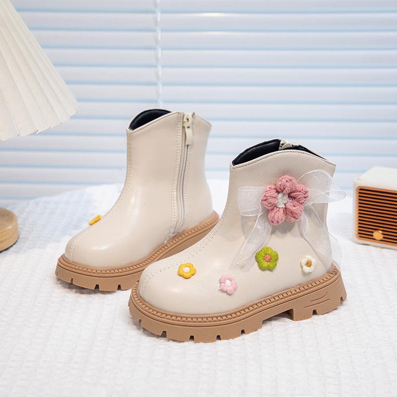 Beige Princess Ankle Boots for Girls - Soft Sole Leather, Non-Slip, 2025 New Style