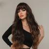 Water Ripple Straight Bangs Wig Women Long Hair Gradient Brown Fluffy Natural Curly Hair