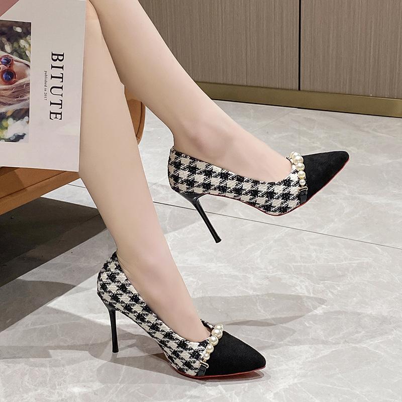 Fashion New Women Black High Heels Shoes Houndstooth Pumps Black Toe Costume Tweed Boat Shoes Pearls Designer Shoes Dress Work Shoes