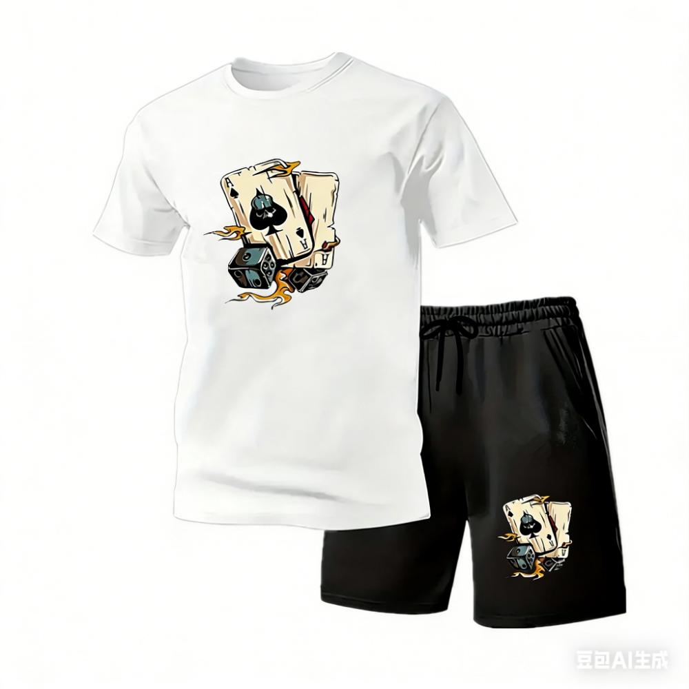 Summer Men's Casual Fashion Poker Element Pattern Printing Comfortable Round Neck Short Sleeved T-shirt and Shorts Set