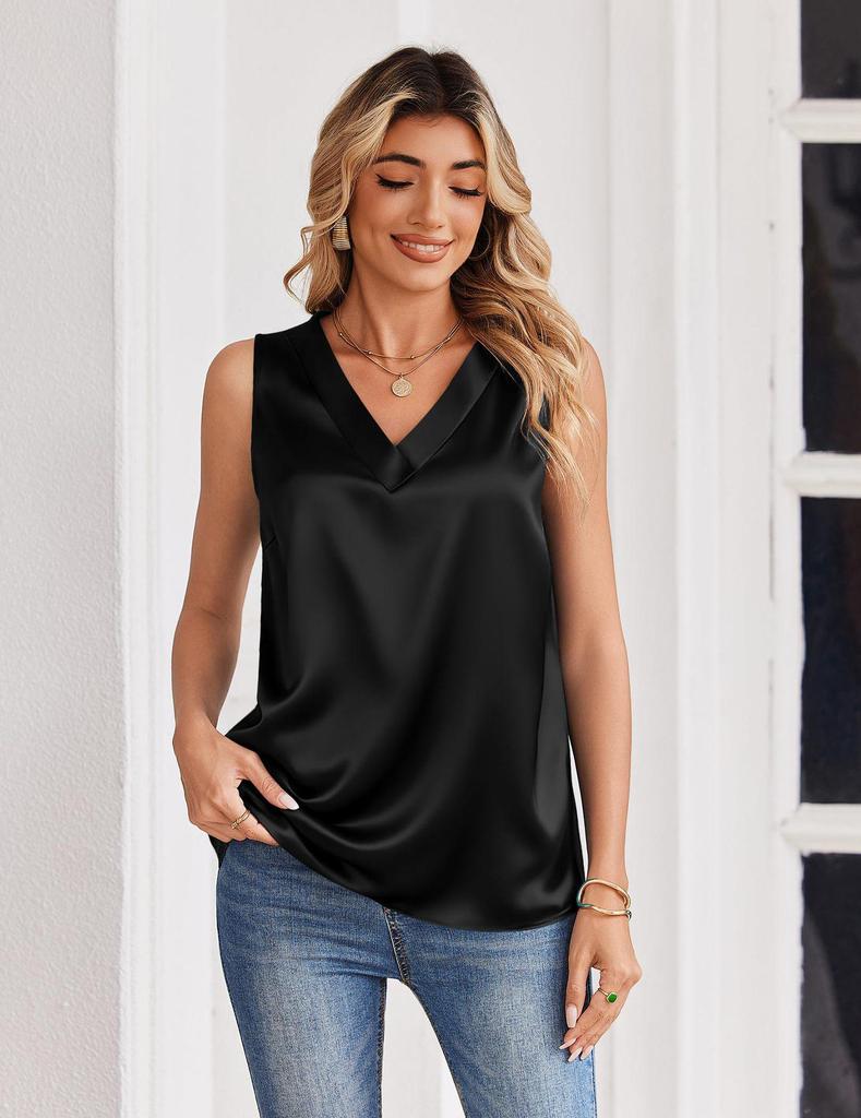 Women's European Summer 2026 V-Neck Satin Camisole Sleeveless Top