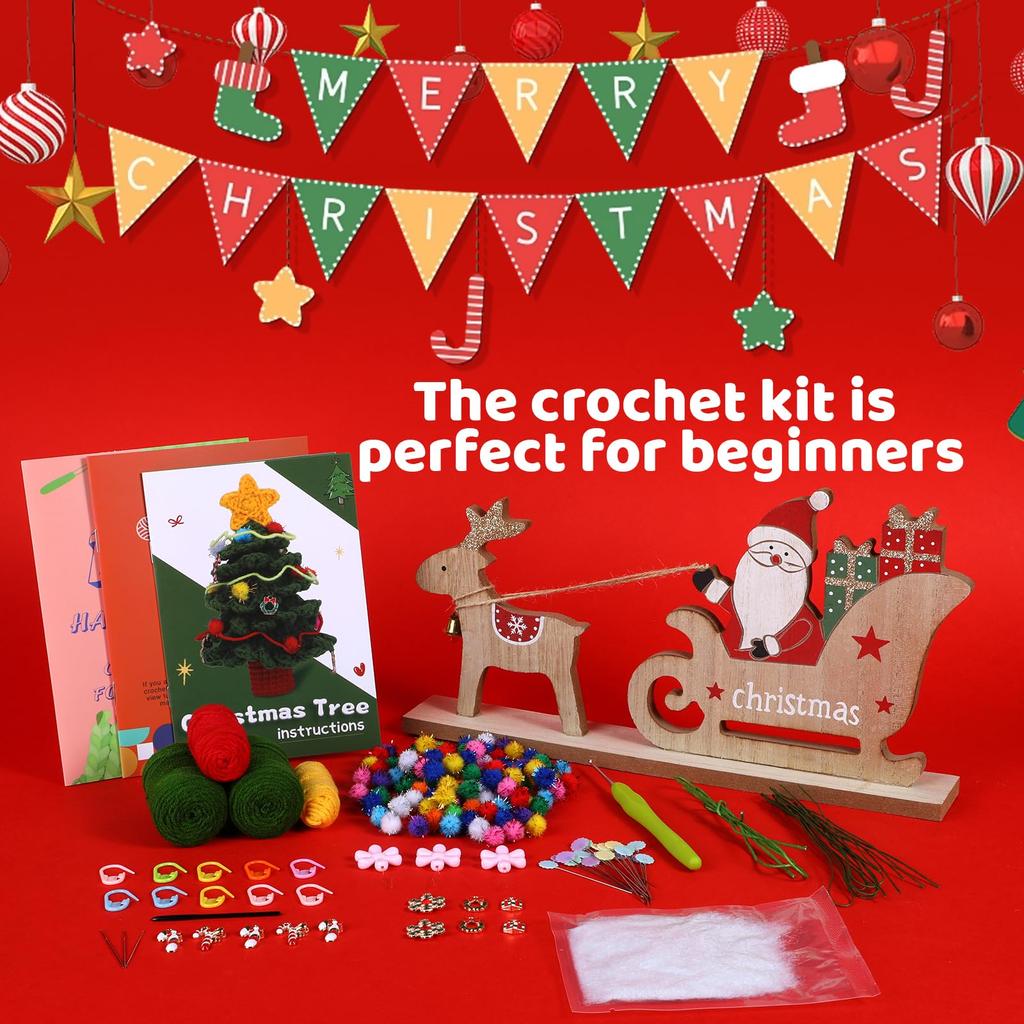 Fenrry Crochet Kit for Beginners Christmas Wreath Adults Knitting Kit with Step-by-Step Video Tutorials Crochet Yarn