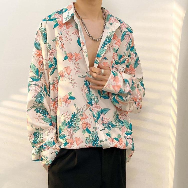 Retro Hong Kong Style Men's Floral Shirt Casual All-Match Jacket Japanese Korean Style Trendy Spring Autumn Fashion