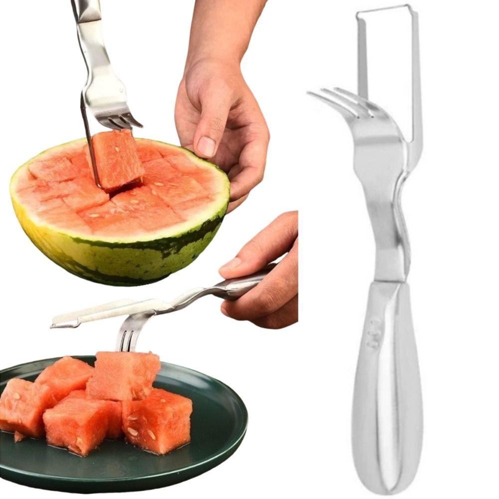 2-in-1 Watermelon Fork Cutter Stainless Steel Comfortable Grip Watermelon Fork Slicer Portable Rust-proof Watermelon Cube Cutter