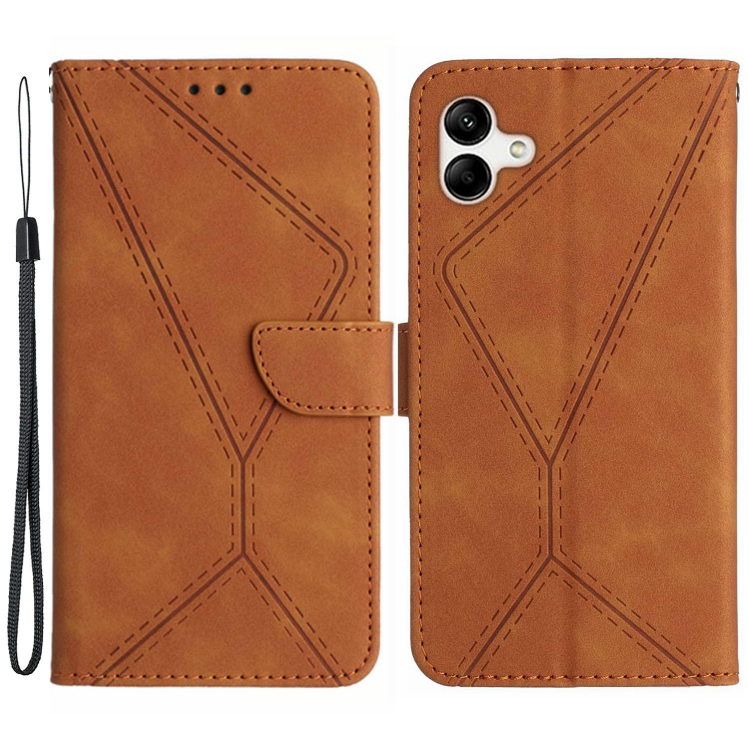 

HT05 For Samsung Galaxy A05 4G Case PU Leather Imprinted Line Phone Stand Cover Brown
